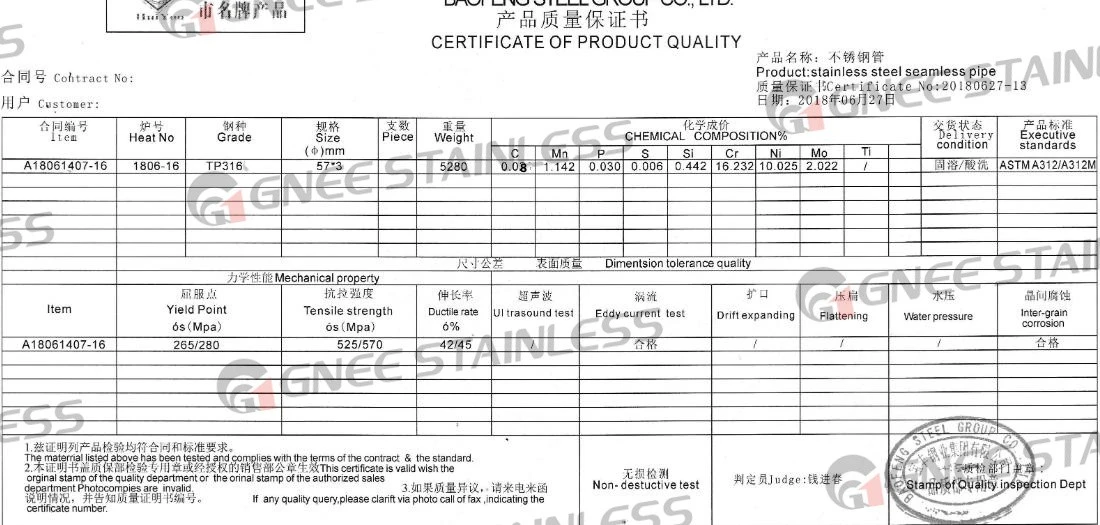 316 Stainless Steel Material Test Certificates 316 Stainless Steel Material Test Certificates