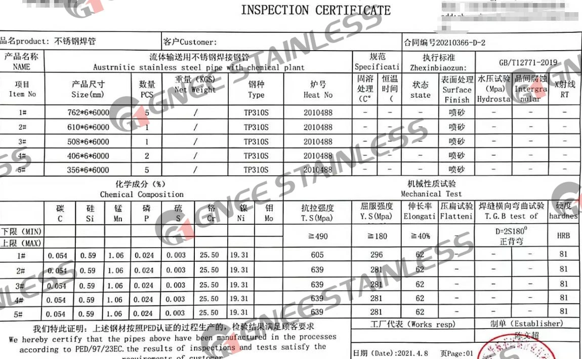 310S Stainless Steel Material Test Certificates 310S Stainless Steel Material Test Certificates